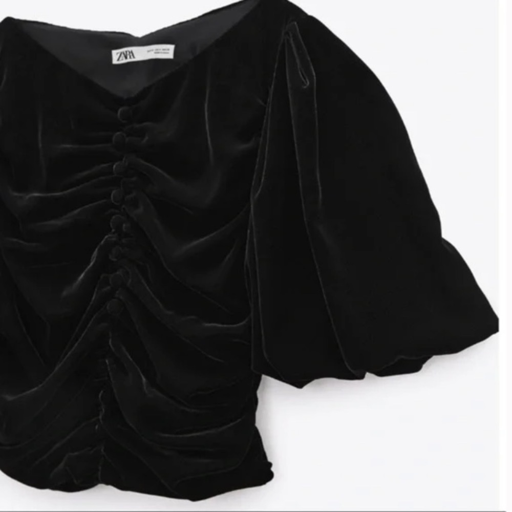 NWT Zara Black Top Velvet Puff Short Sleeve XS - Picture 5 of 8